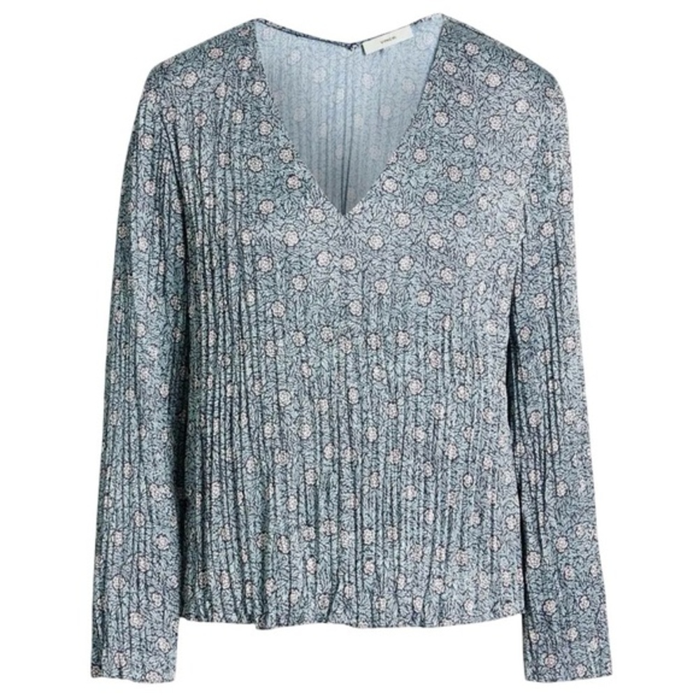 VINCE Light Blue Satin Plissé Floral Print V-Neck Blouse, Size Medium.